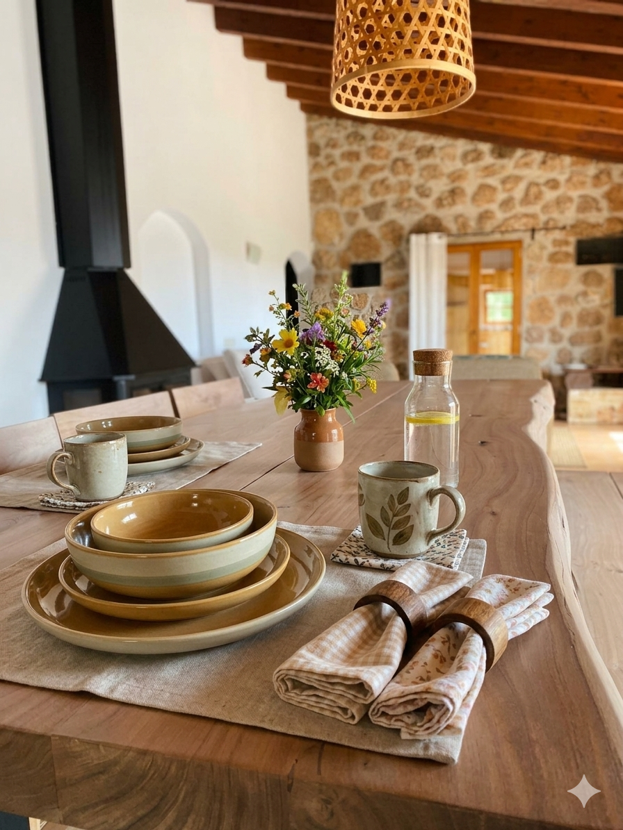 Esstisch mit Kamin und Natursteinwand